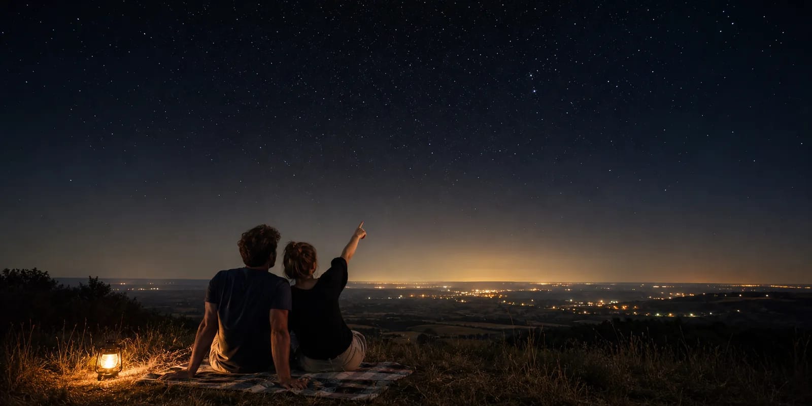 Un couple observe à l'œil nu les étoiles au-dessus des lumières d'une ville