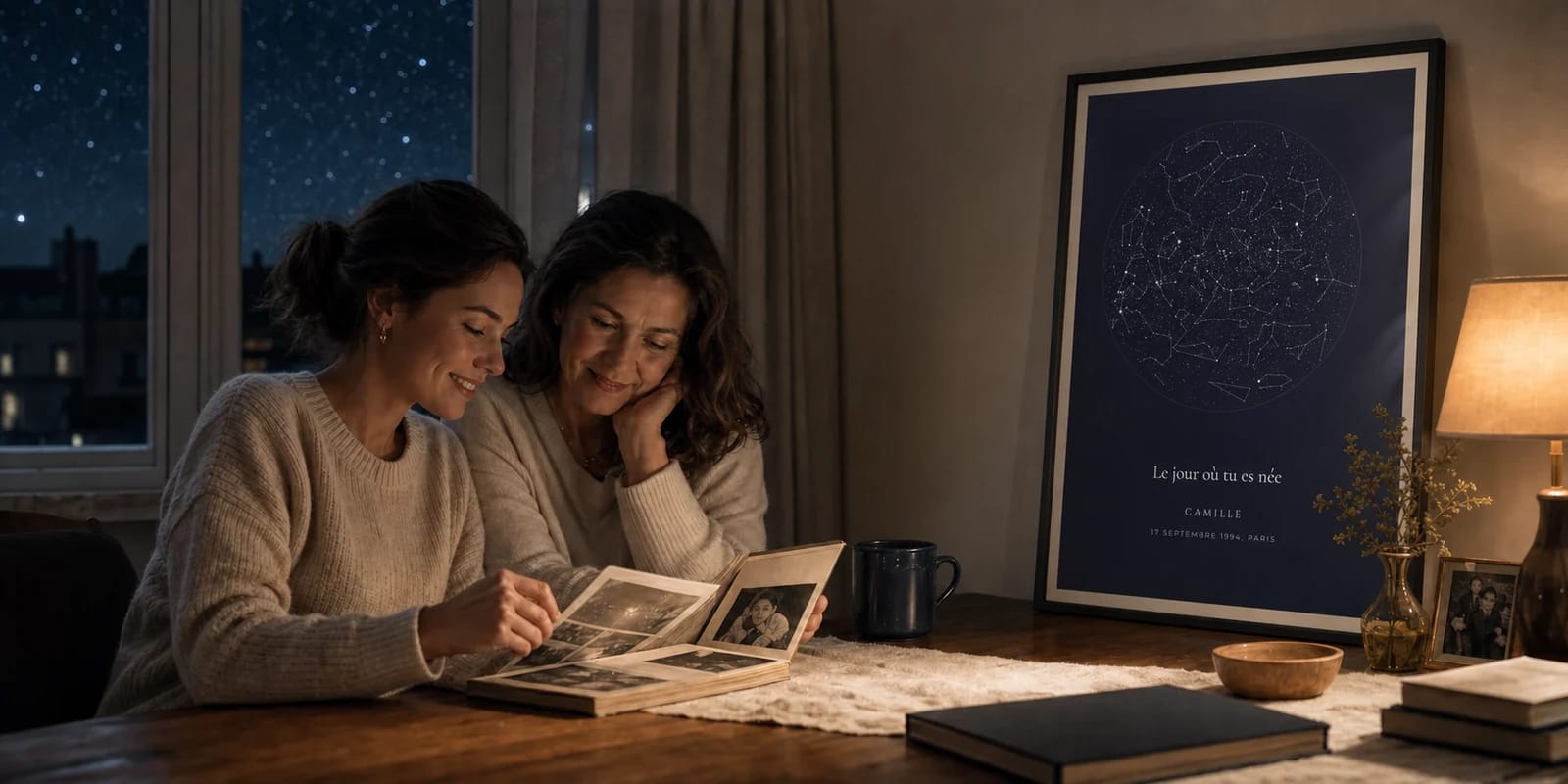 Une mère et sa fille découvrent la carte du ciel du jour de la naissance
