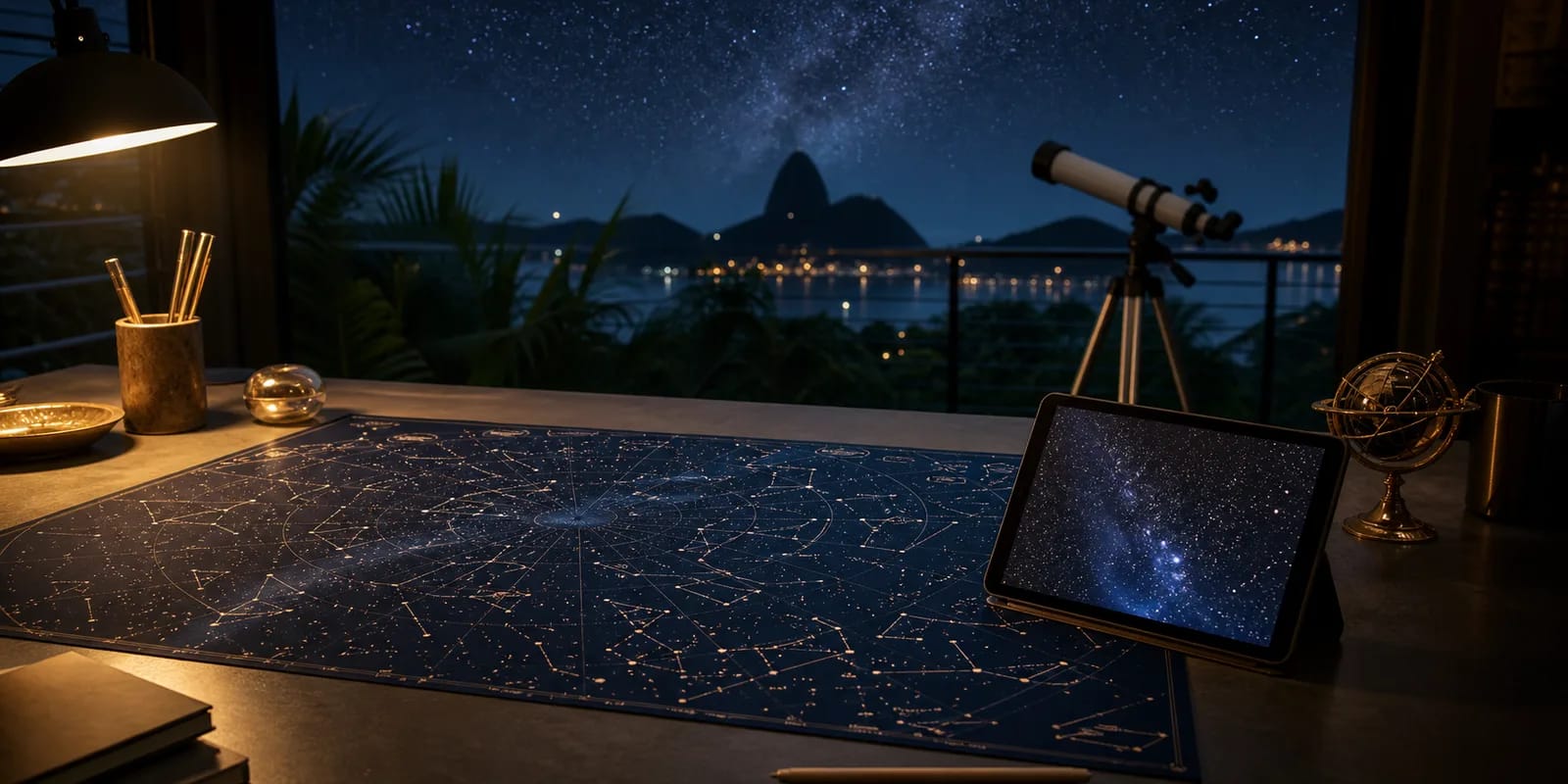 Mapa das 88 constelações aberto sobre uma mesa, ao lado de um telescópio e de um tablet