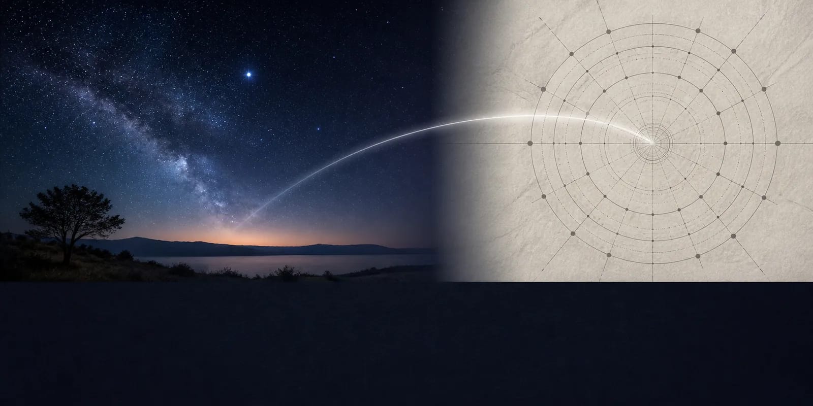 Un ciel nocturne réaliste et un diagramme circulaire abstrait se font face sans étiquette