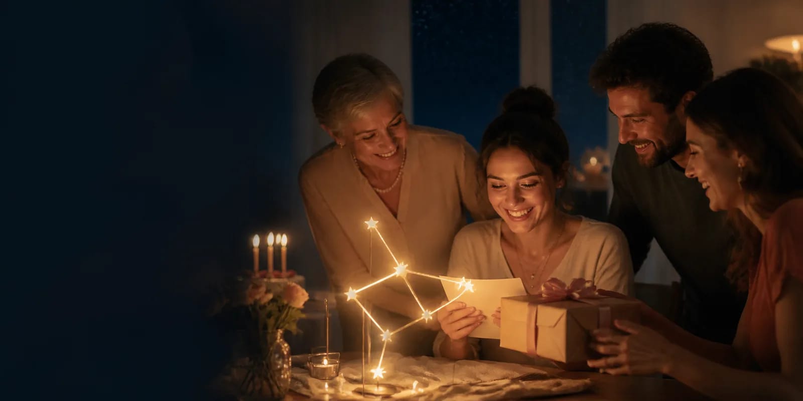 A warm birthday gathering with family and friends exchanging a gift beside a glowing constellation light