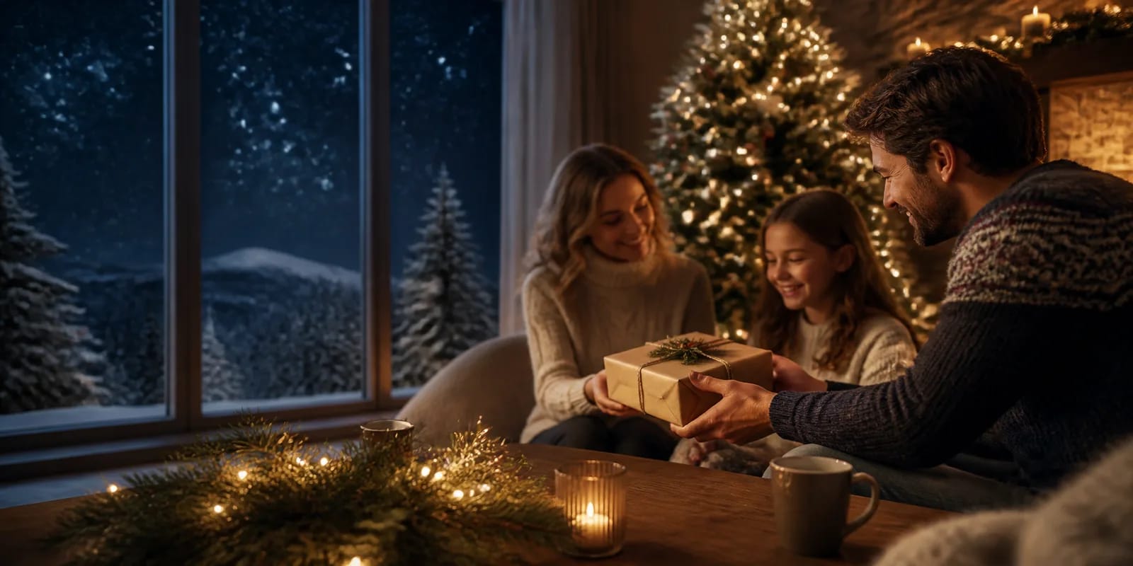A family exchanging a wrapped Christmas gift beside a glowing tree with snowy stars outside