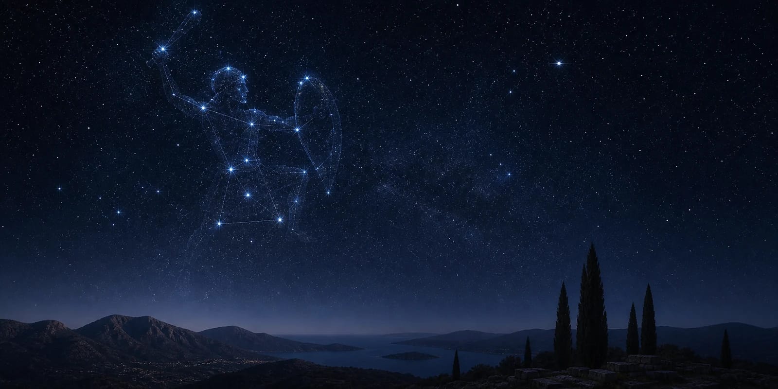 明るい星々の間に星座の線が描かれた、深い夜空