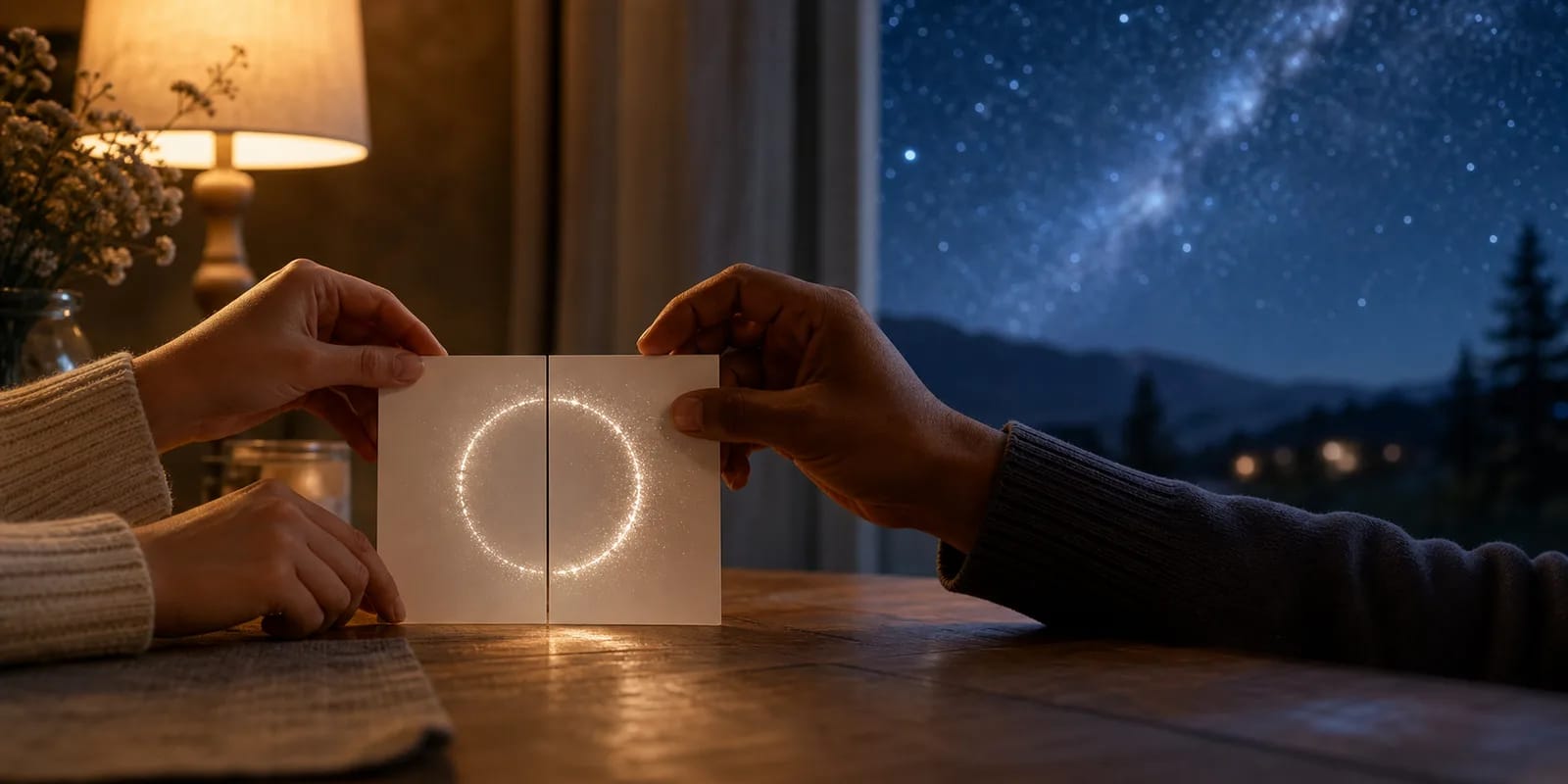 Deux paires de mains réunissant des cartes-souvenirs vierges sous la lumière d'un ciel étoilé