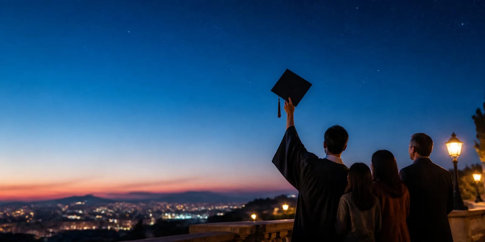 A graduate raising a cap at dusk while family looks toward a starry horizon