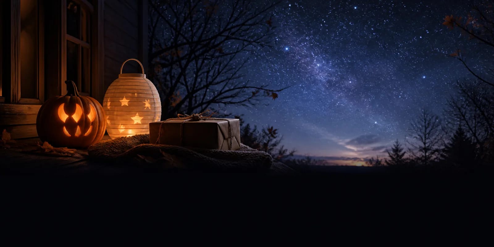 A glowing pumpkin, paper lantern, and gift beneath an autumn star-filled sky