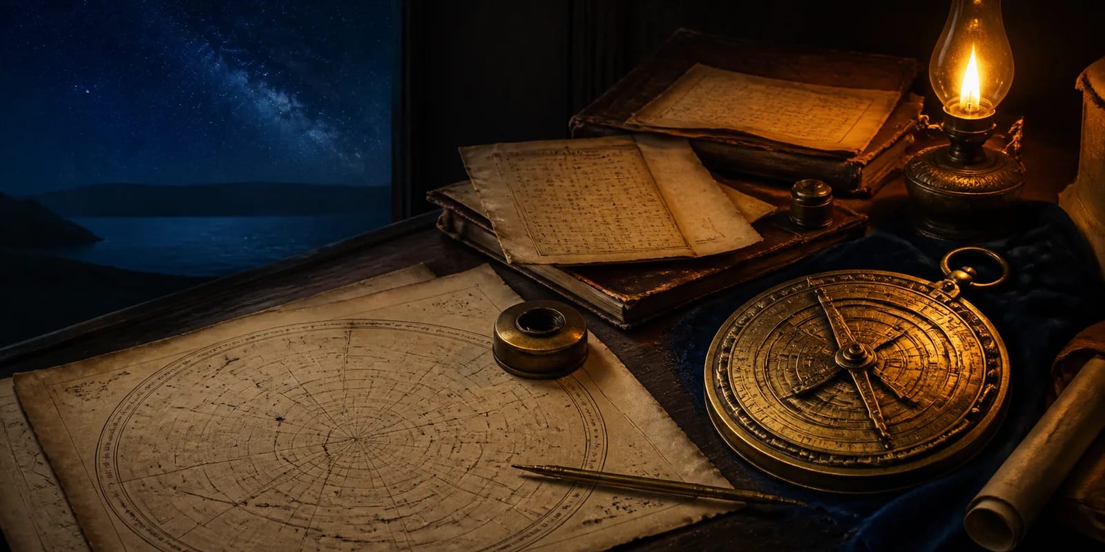 Antique astronomy tools and a historic star chart