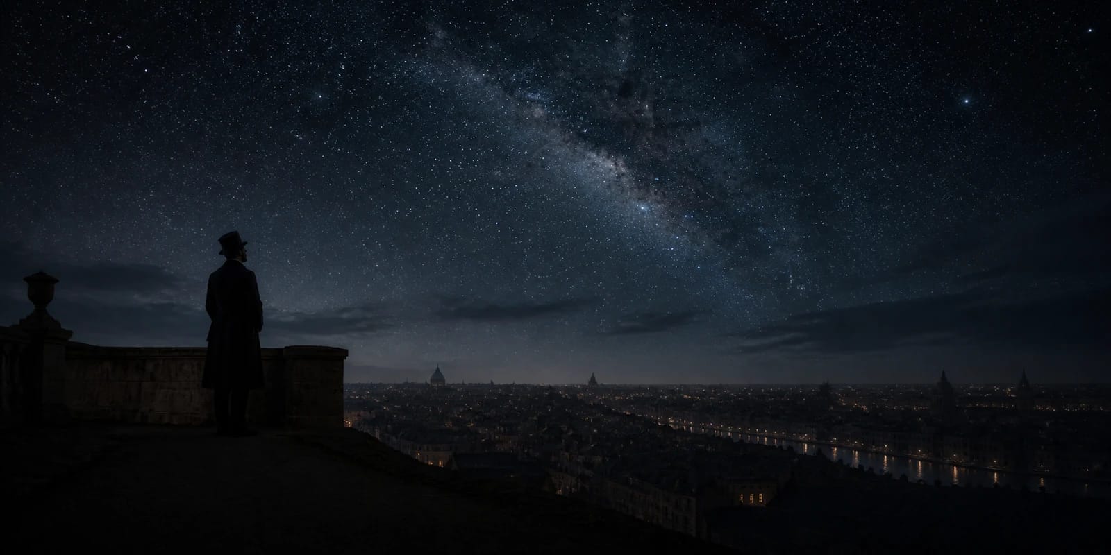 歴史的モニュメントの上に広がる星空