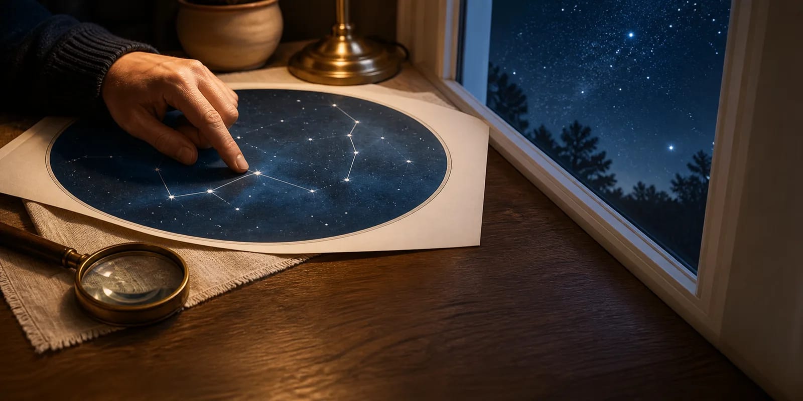 星空の下で印刷されたスターマップを観察する人