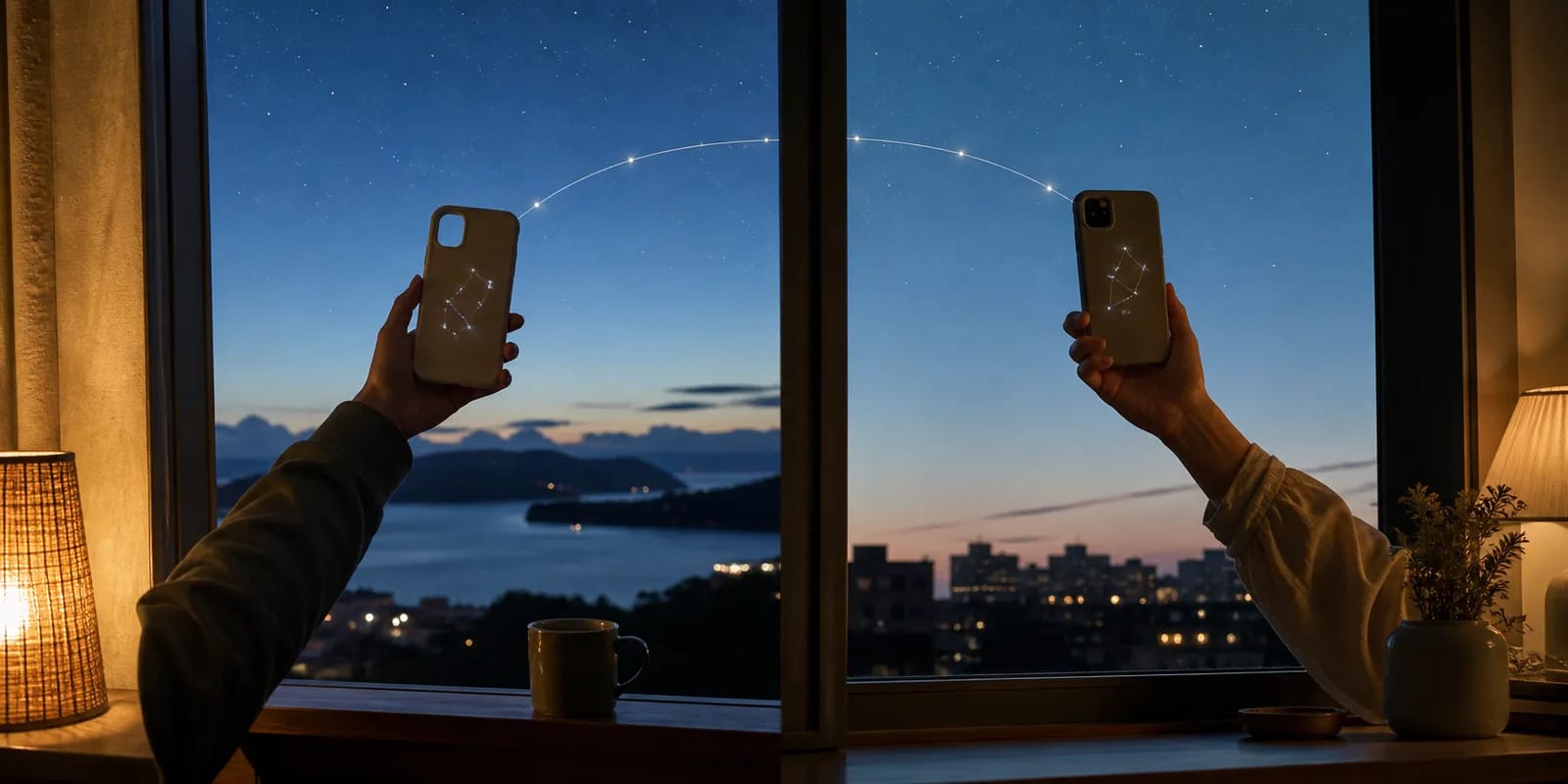 Deux mains éloignées tiennent des téléphones neutres sous un même ciel étoilé