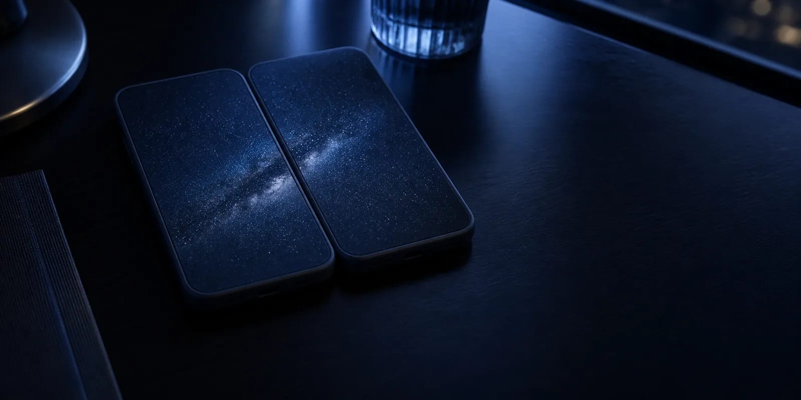 Deux téléphones sans marque présentent des motifs célestes abstraits alignés côte à côte