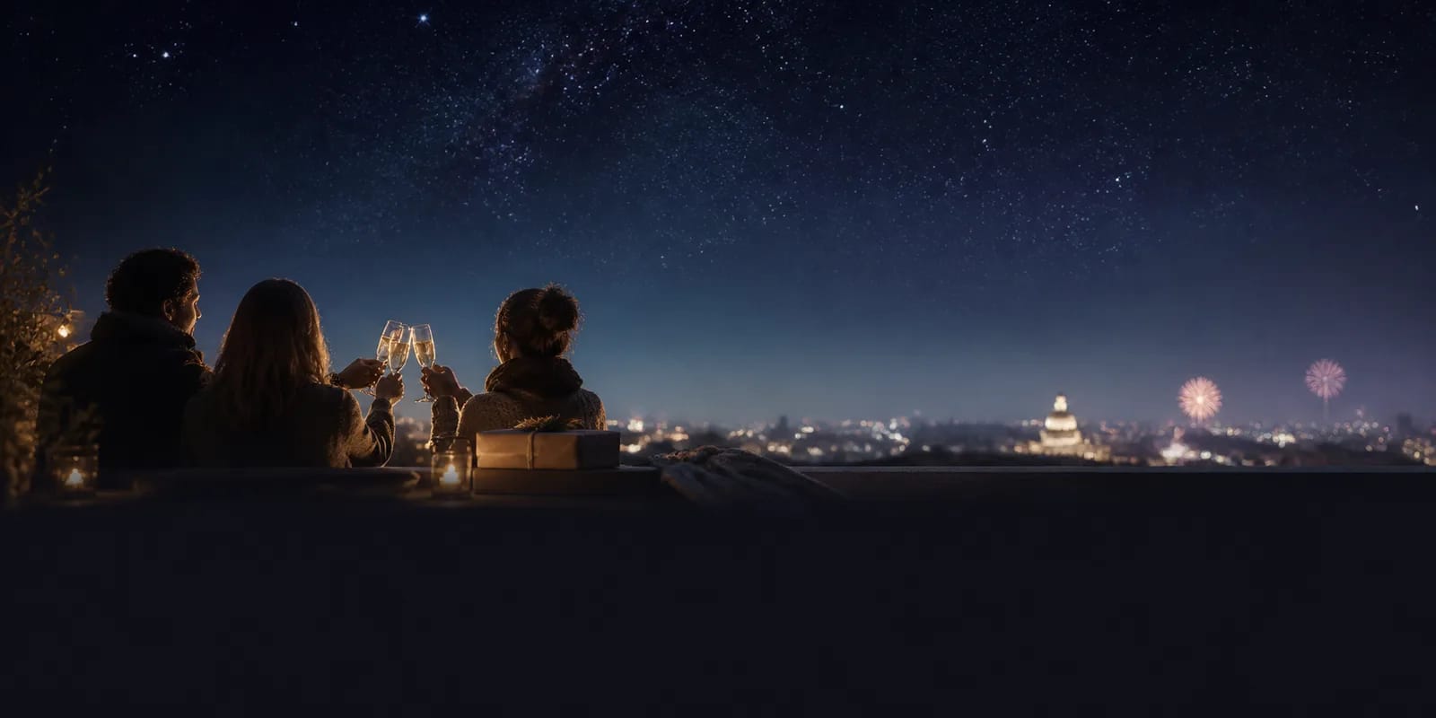 Friends celebrating New Year on a rooftop with a gift beneath a star-filled sky