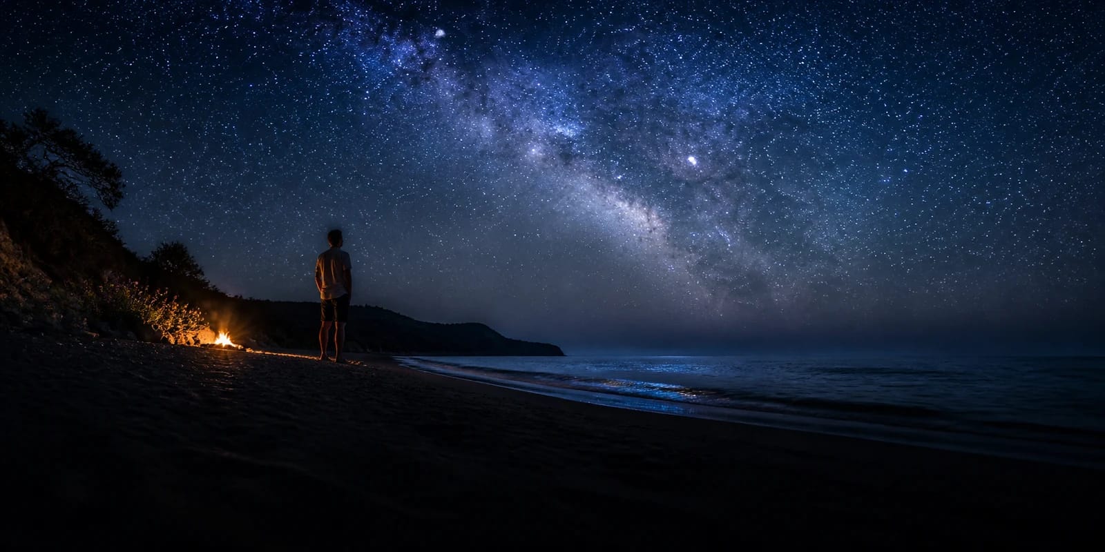 聖ヨハネの夜の篝火の上に広がる星空