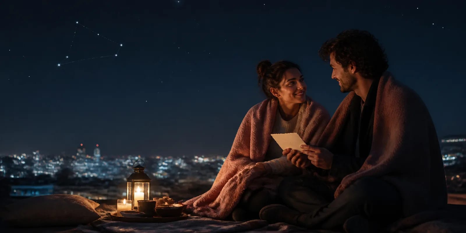 A couple sharing a quiet Valentine’s evening under the stars with a handwritten card