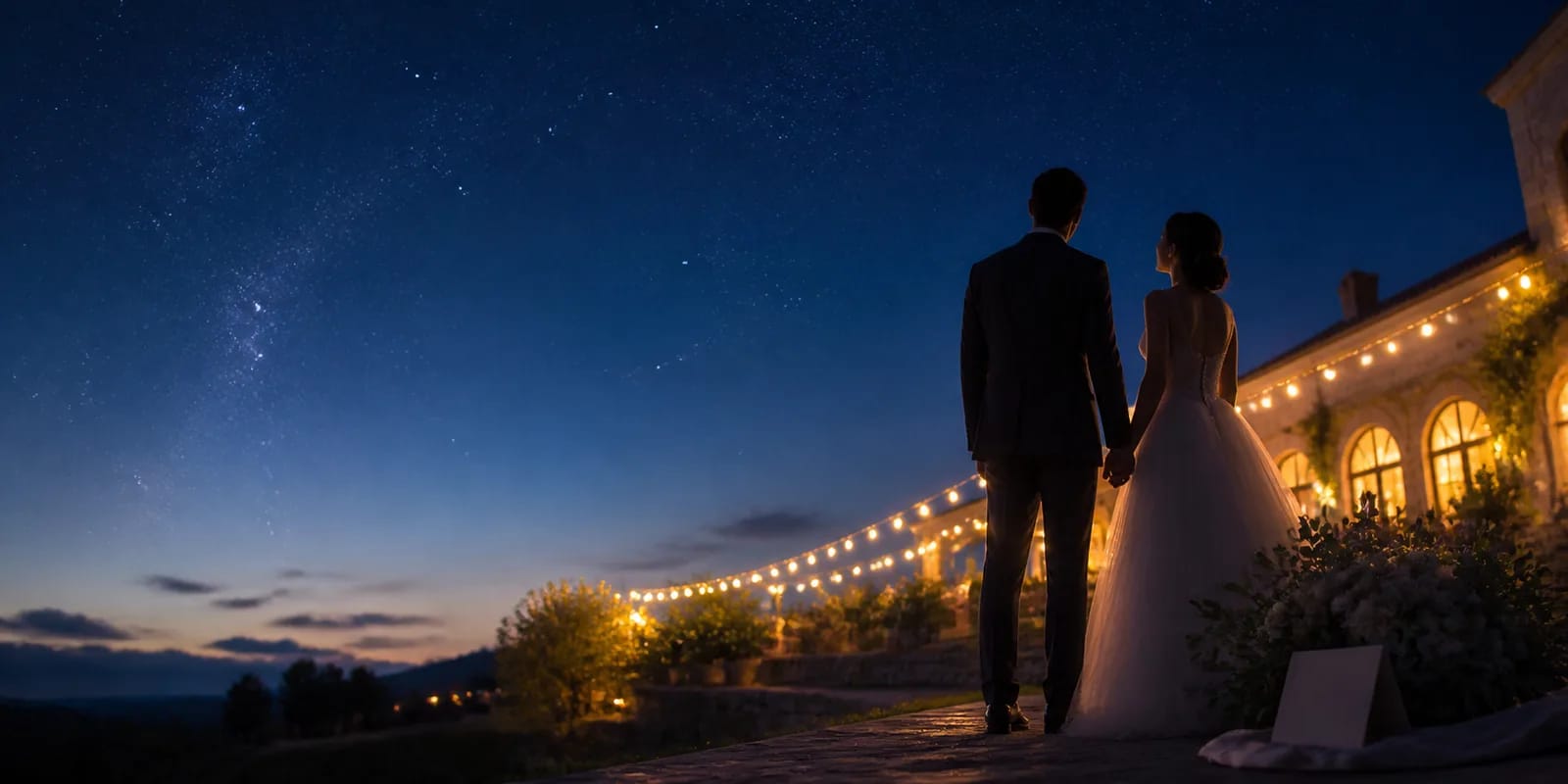 A newly married couple looking up at the stars after their wedding
